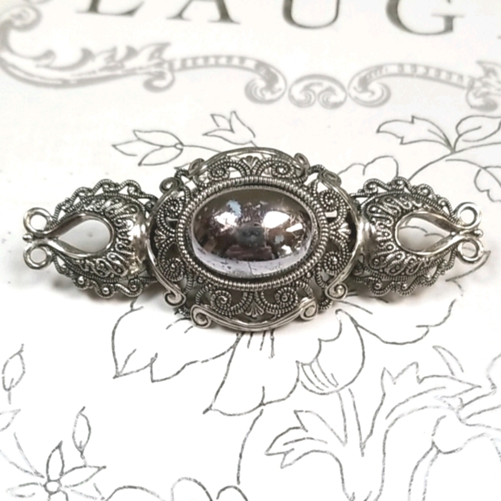 Vintage Mid Century Antiqued Silver Tone Metal Brooch Pin - Picture 4 of 11
